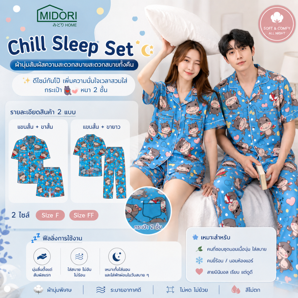 MIDORI Home ชุดนอน แขนสั้น ขาสั้น ขายาว กันโป๊ กระเป๋าหนา2ชั้น Chill Sleep Set ผ้านุ่ม สัมผัสเบา
