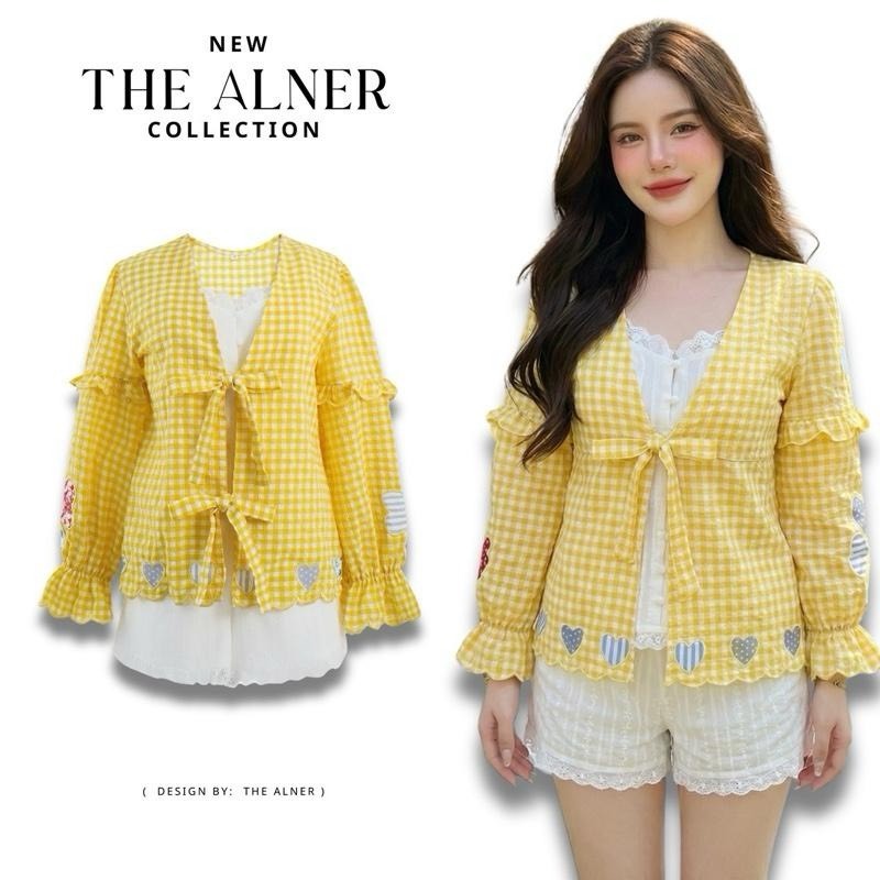 Thealner-DD19 (เซตเสื้อครีม3ชิ้น+เสื้อคลุมเหลืองลายตารางกางเกงขาสั้น)