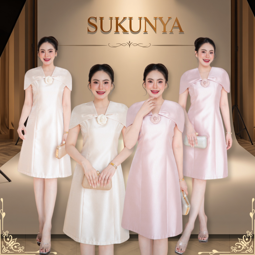Sukunya 6428 : ชุดเดรสผ้าไหมเนื้อผ้าไหมประยุกต์(Mikado ) ทรง A-line feminine อ่อนหวาน