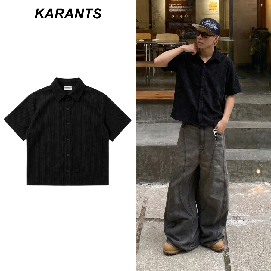 Karants เสื้อเชิ้ตผ้าลูกฟูกเรียบๆ สำหรับผู้ชายและผู้หญิง Cropped Boxy Unisex - KR382