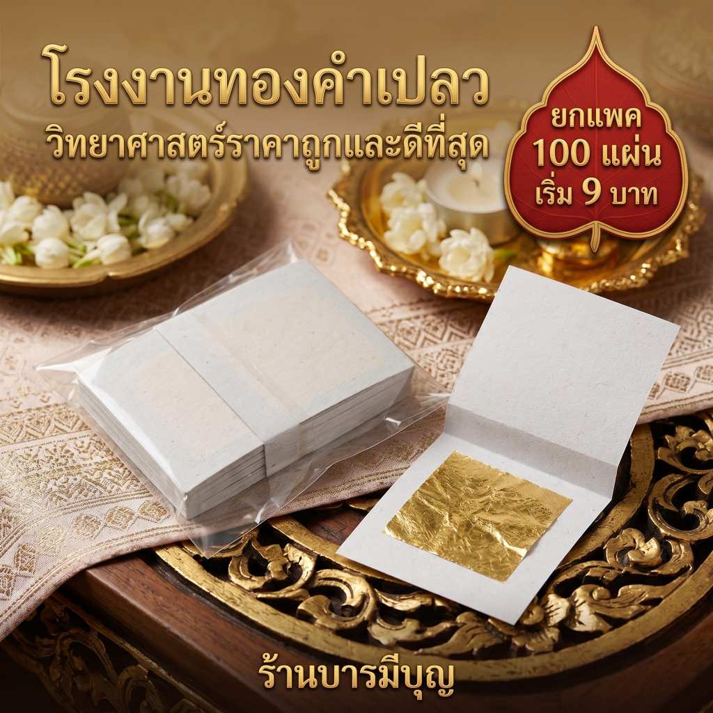 ทองคำเปลว(K) มัด 100 แผ่นเริ่มต้น 8 บาท ถูกที่สุด ทองคำเปลวสำหรับปิดพระ  ปิดทองฝังลูกนิมิต สำหรับจัดชุดธูปเทียนทองคำเปลว