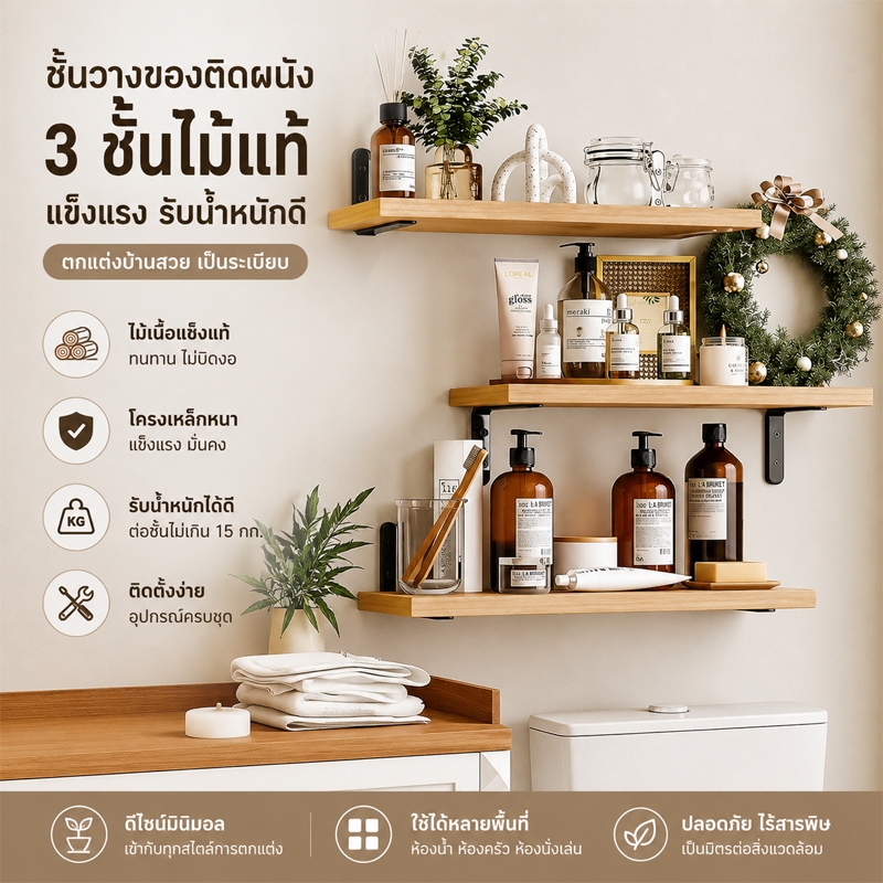 ชั้นวางติดผนัง ชั้นวางของไม้ E0 40-90cm หิ้งพระติดผนัง สแตนเลส304 DIY ชั้นวางเอนกประสงค์ ตกแต่งบ้าน รับน้ำหนัก10KG