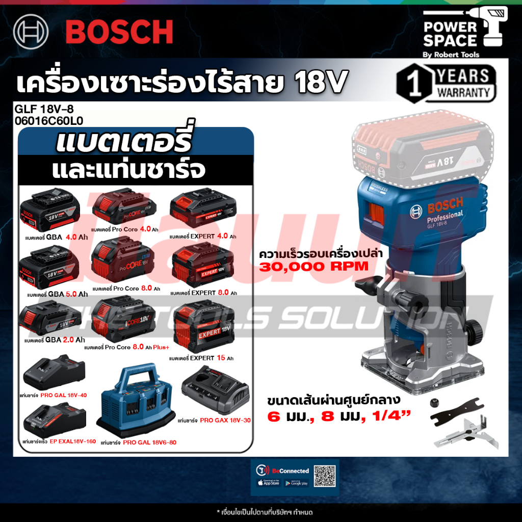 Bosch - เครื่องเซาะร่องไร้สาย 18V รุ่น GLF 18V-8 (06019N21L0)(เปิดตัวเลือกแบตเตอรี่และแท่นชาร์จ)