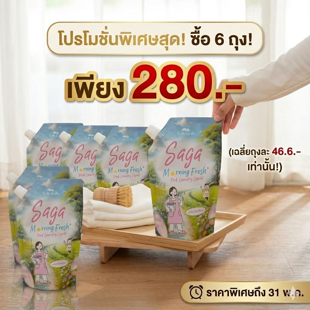 ( set 6 ถุง )ผลิตภัณฑ์ซักผ้าสูตรเข้มข้น SAGA MORNING FRESH FRESH PINK LAUNDRY LIQUID  500 ml.
