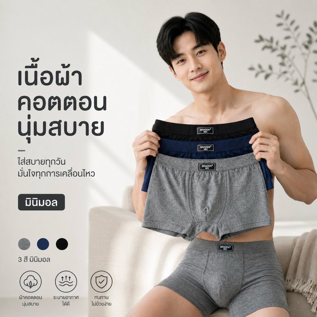 กางเกงในผู้ชาย ทรงมีขา เนื้อผ้าคอตตอนนุ่มสบาย