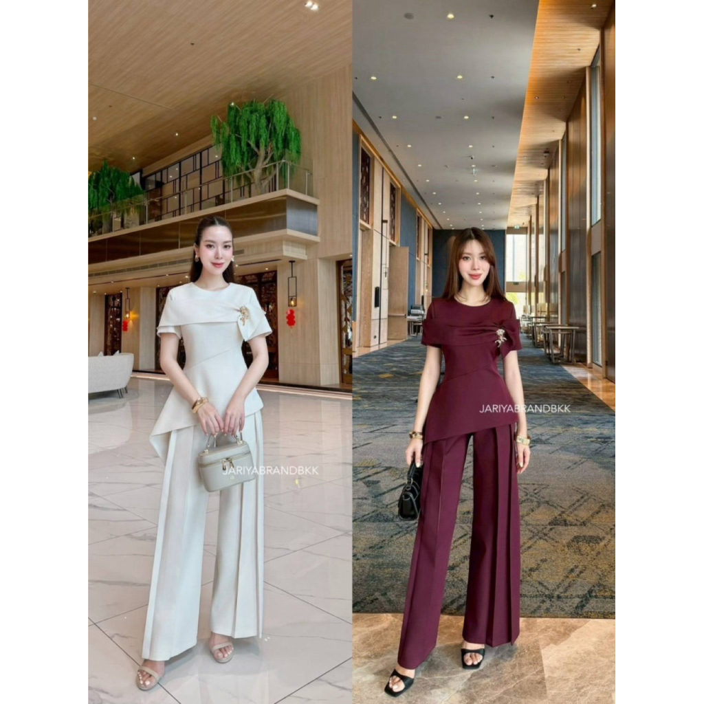 D6 งานป้าย Jariya Set ชุดเซ็ท 2 ชิ้น เสื้อ กางเกงขายาว เข็มกลัดดอกกุหลาบ สำหรับผู้หญิง เสื้อผ้าแฟชั่
