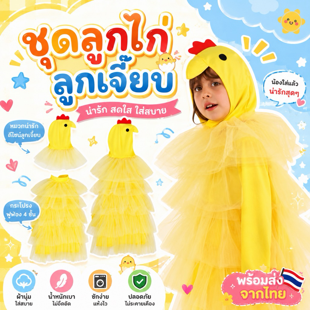 ชุดแฟนซีเด็ก ชุดลูกไก่ ลูกเจี๊ยบ มาเป็น 2 ชิ้นเครื่องหัวและเดรส (FANCY512)