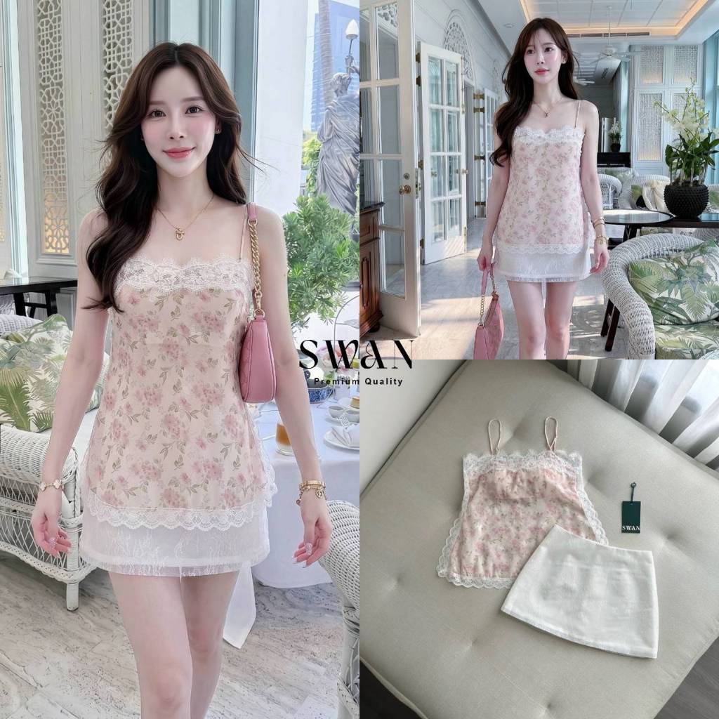 Swan Setเสื้อสายเดี่ยวาลายดอกโทนสีชมพู