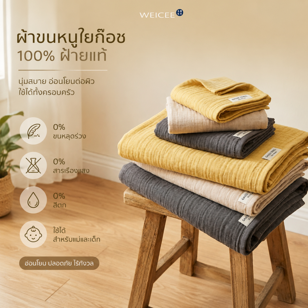 WEICEE ผ้าเช็ดตัว Cotton 100% ผ้าขนหนู เหมาะสำหรับคุณแม่และเด็กทารก สีไม่ตก ขนไม่ร่วง