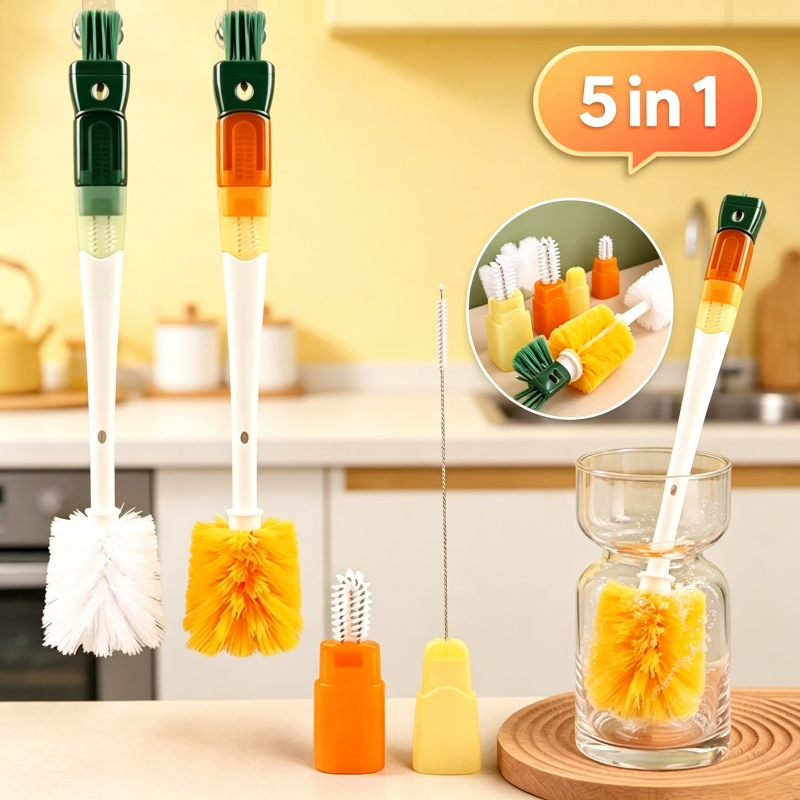 แปรงล้างขวดนม 5 ใน 1 มีแปรงหลอดดูด ทำความสะอาดคราบสกปรกได้ ใช้ล้างแก้วได้ แฮนเดิลที่ถอดออกได้