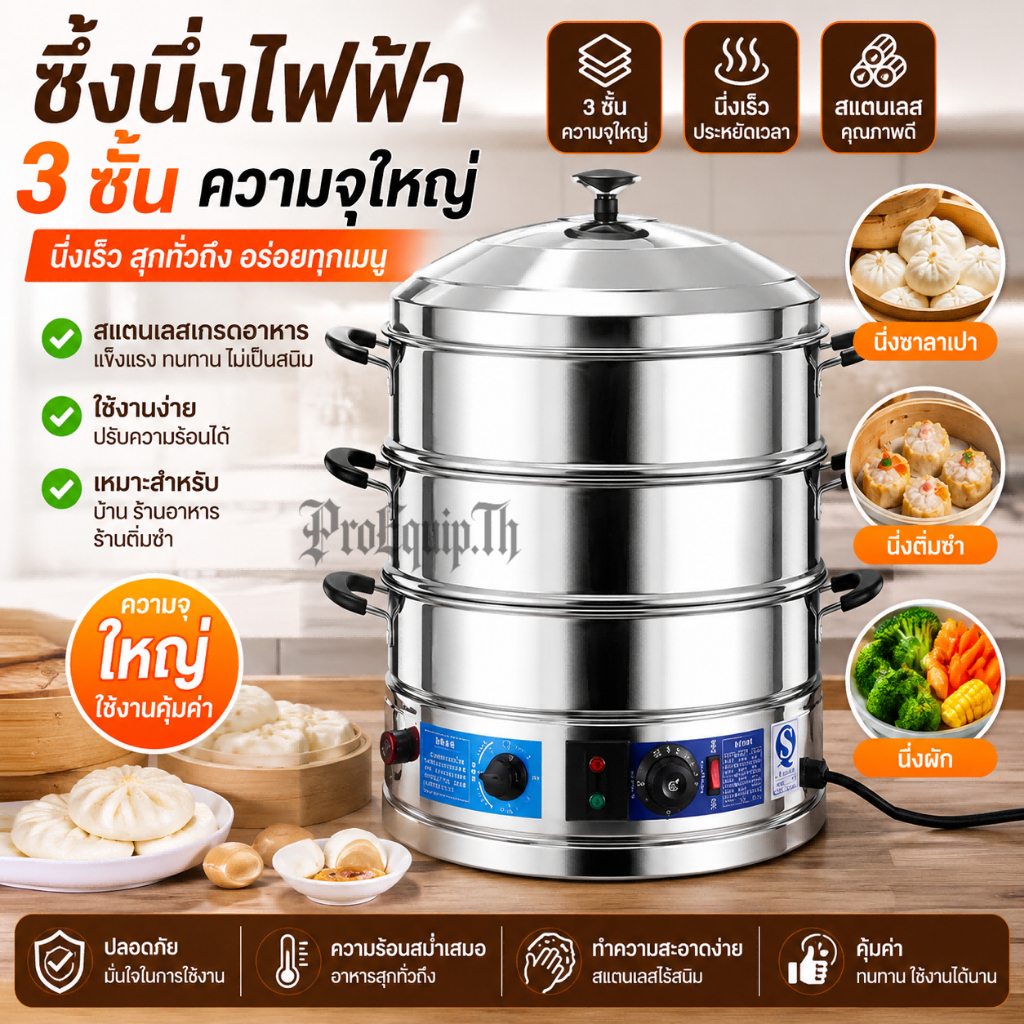 ซึ้งนึ่งไฟฟ้า 3 ชั้น สแตนเลส ความจุใหญ่ อเนกประสงค์ สำหรับร้านอาหาร นึ่งซาลาเปา ติ่มซำ และผัก