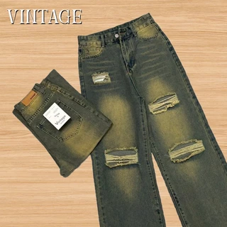 Vintage รุ่น 5079 กางเกงยีนส์ ทรงกระบอก แต่งเฟดขา แต่งขาด สีสนิม ทรงสวยผ้าไม่ยืด