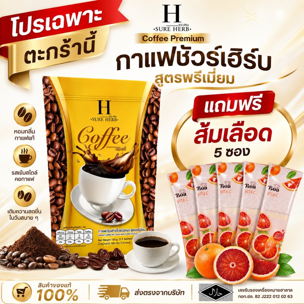 ชัวร์เฮิร์บ กาแฟชัวร์เฮิร์บ 1 ห่อ แถมโบอาวิตซีส้มเลือด 5 ซอง ของแท้ 100% พร้อมสินค้าในภาพ
