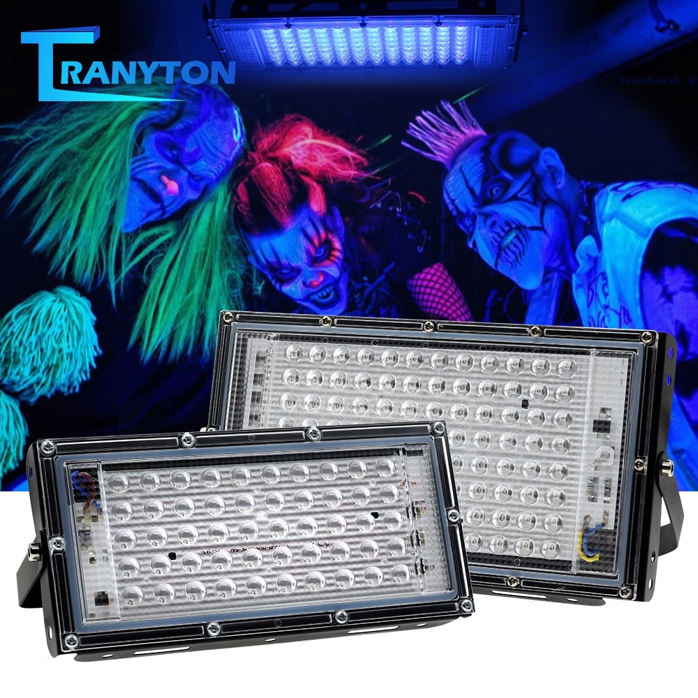 50W 100W 150W โคมไฟส่องสว่าง UV แสงสีดำม่วง ไฟบรรยากาศเวที กันน้ำ IP66 พร้อมสายไฟยาว 1.5 เมตร Black Light