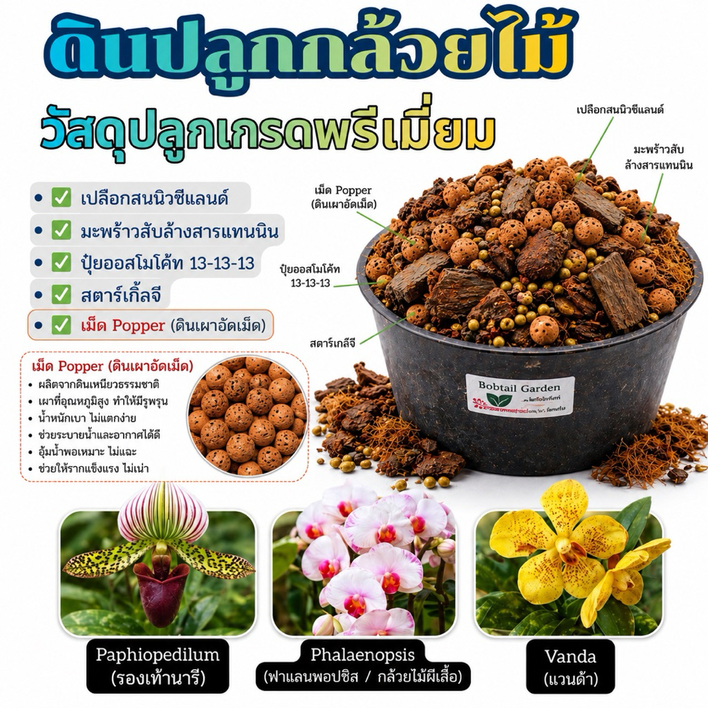 ดินปลูกกล้วยไม้ ผสมเปลือกสนนิวซีแลนด์ เกรดพรีเมียม สูตรโปร่ง ระบายน้ำดี รากเดินเร็ว สำหรับกล้วยไม้ทุกสายพันธุ์ พร้อมใช้