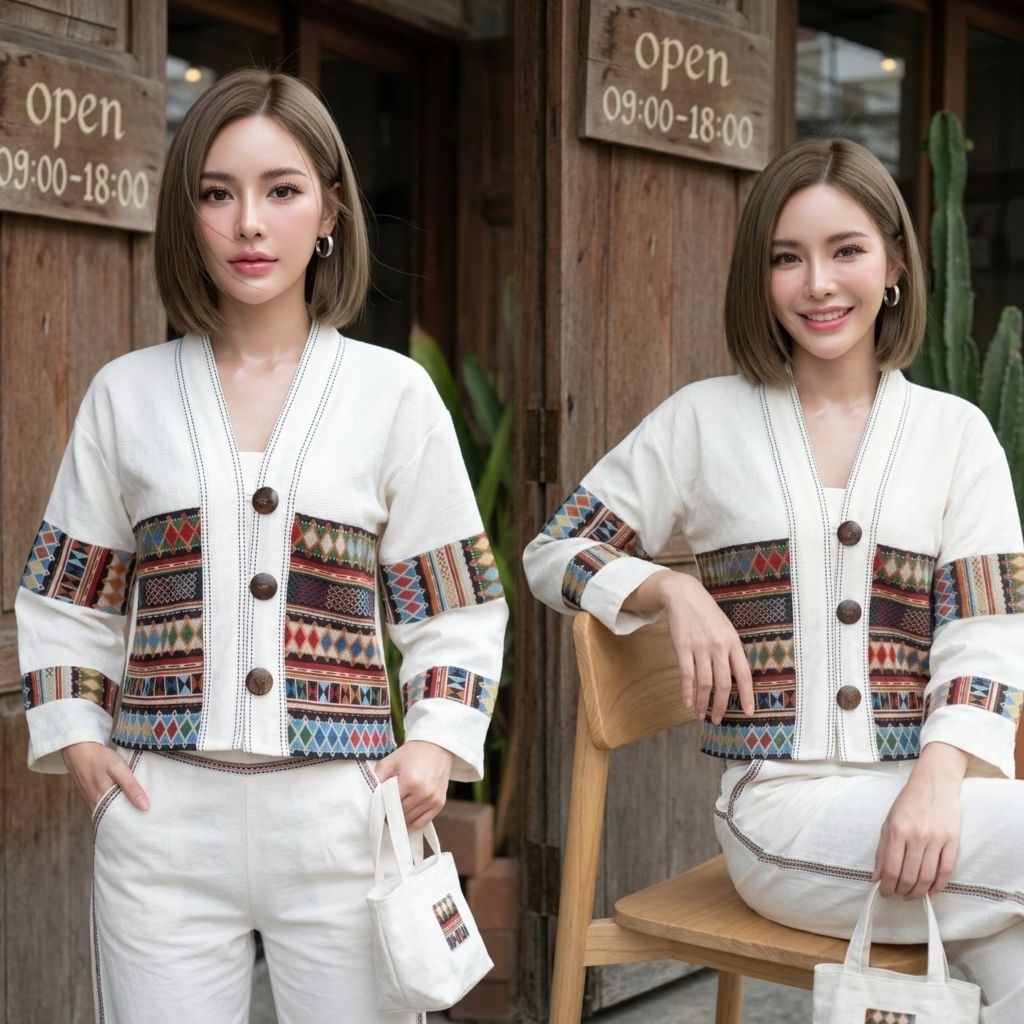 เสื้อพื้นเมืองผู้หญิงแต่งผ้าทอลายมีกระเป๋าหน้าใช้งานได้จริง รุ่น "พราวทอมงคล