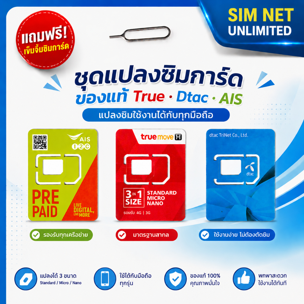 ตัวแปลงซิมการ์ด ถาดซิม นาโนซิม ไมโครซิม (ถาดซิมของแท้) แถมฟรีเข็มจิ้ม Adapter sim , Slot sim