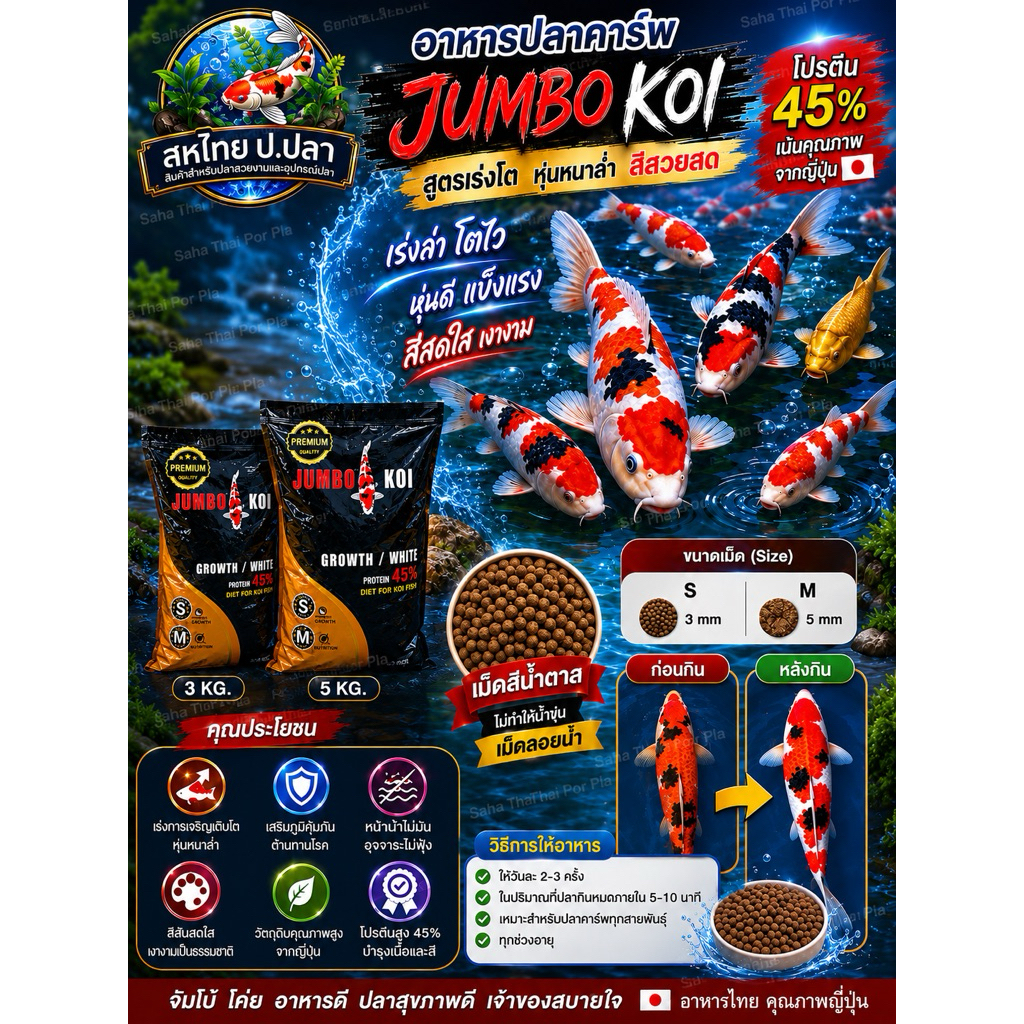 อาหารปลาคาร์ฟจัมโบ้ โค่ยJumbo koi บรรจุ5kg มี3สูตร เร่งโต ,เร่งสี,บำรุงผิว(Wheat germ)