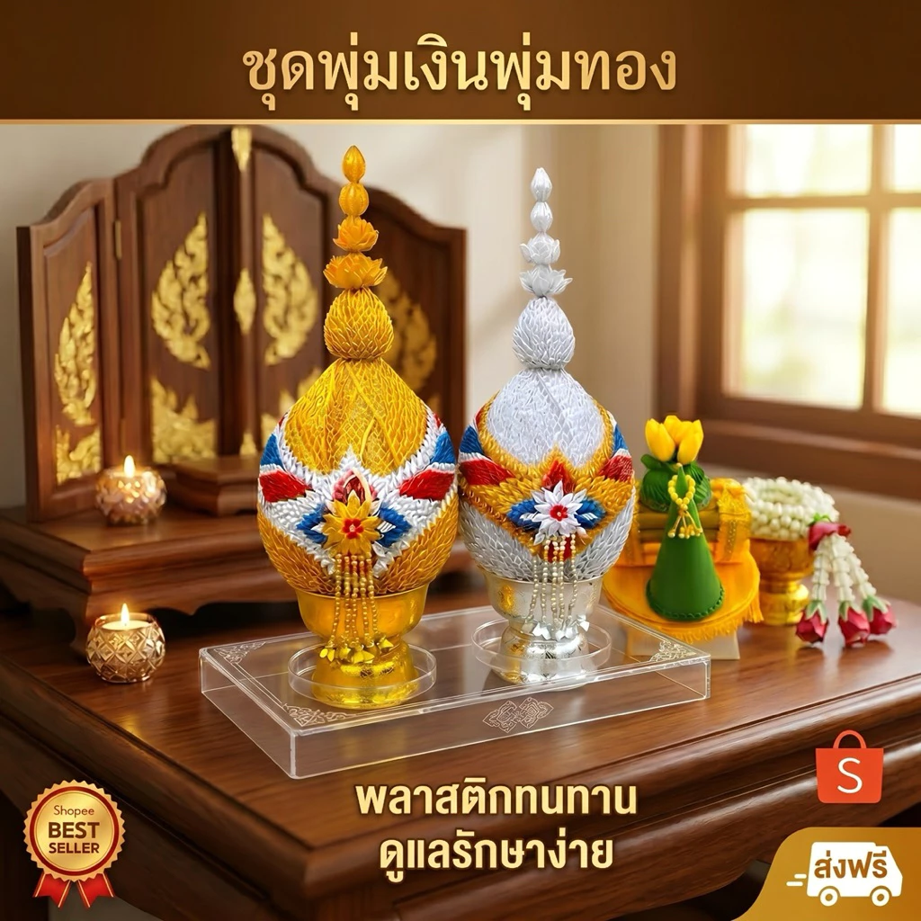 พานพุ่มผ้าเงินทอง เบอร์ 4-7 (คู่ละ) | พานเทียนแพร,เครื่องทองน้อย | ใช้งานพิธีมงคล (ไม่มีใบกำกับภาษี)