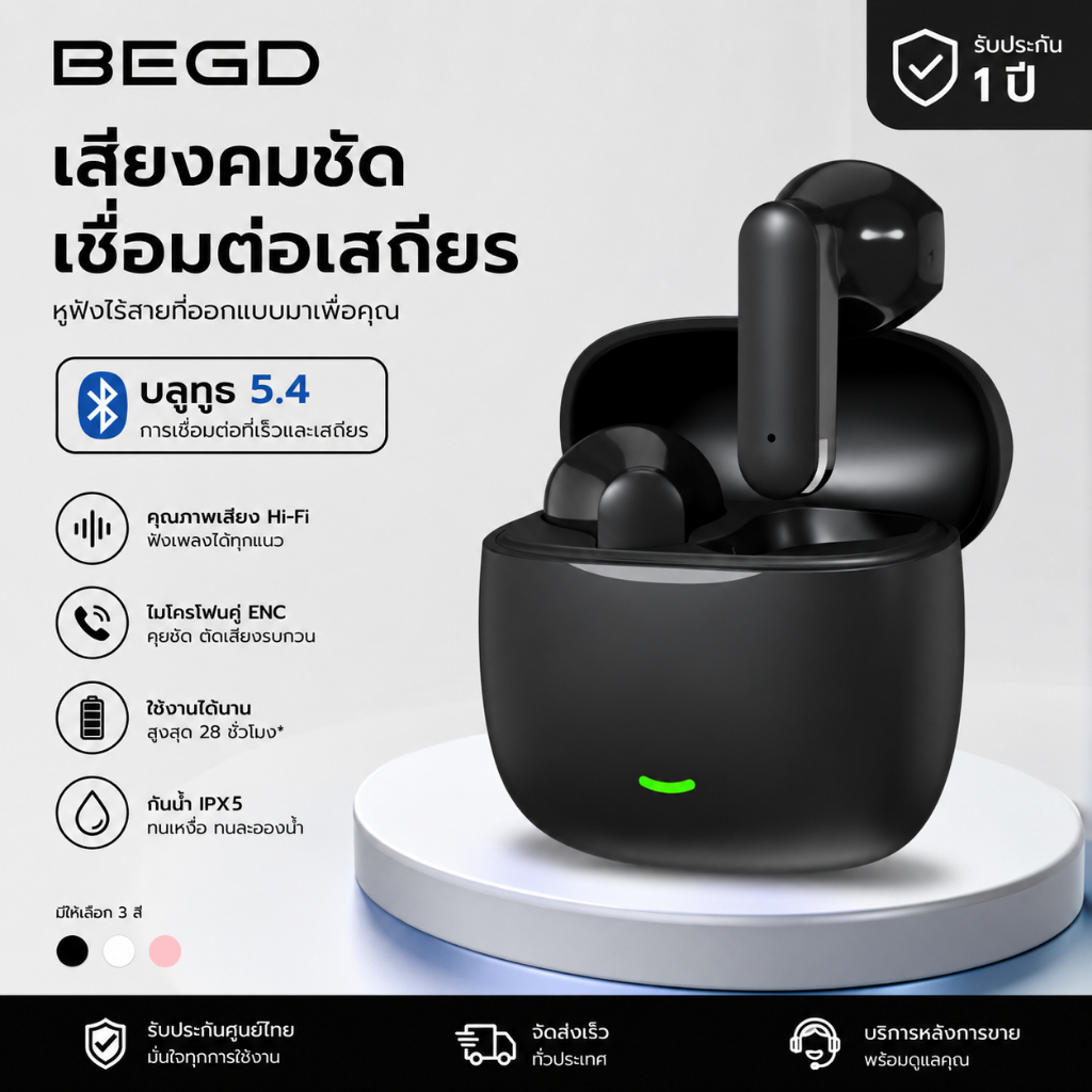 BEGD หูฟังบลูทูธไร้สาย Bluetooth 5.4 เสียง HiFi ไมค์ ENC ตัดเสียงรบกวน กันน้ำ IPX5 แบตอึด ใช้งานได้นาน สำหรับเล่นเกมและฟ