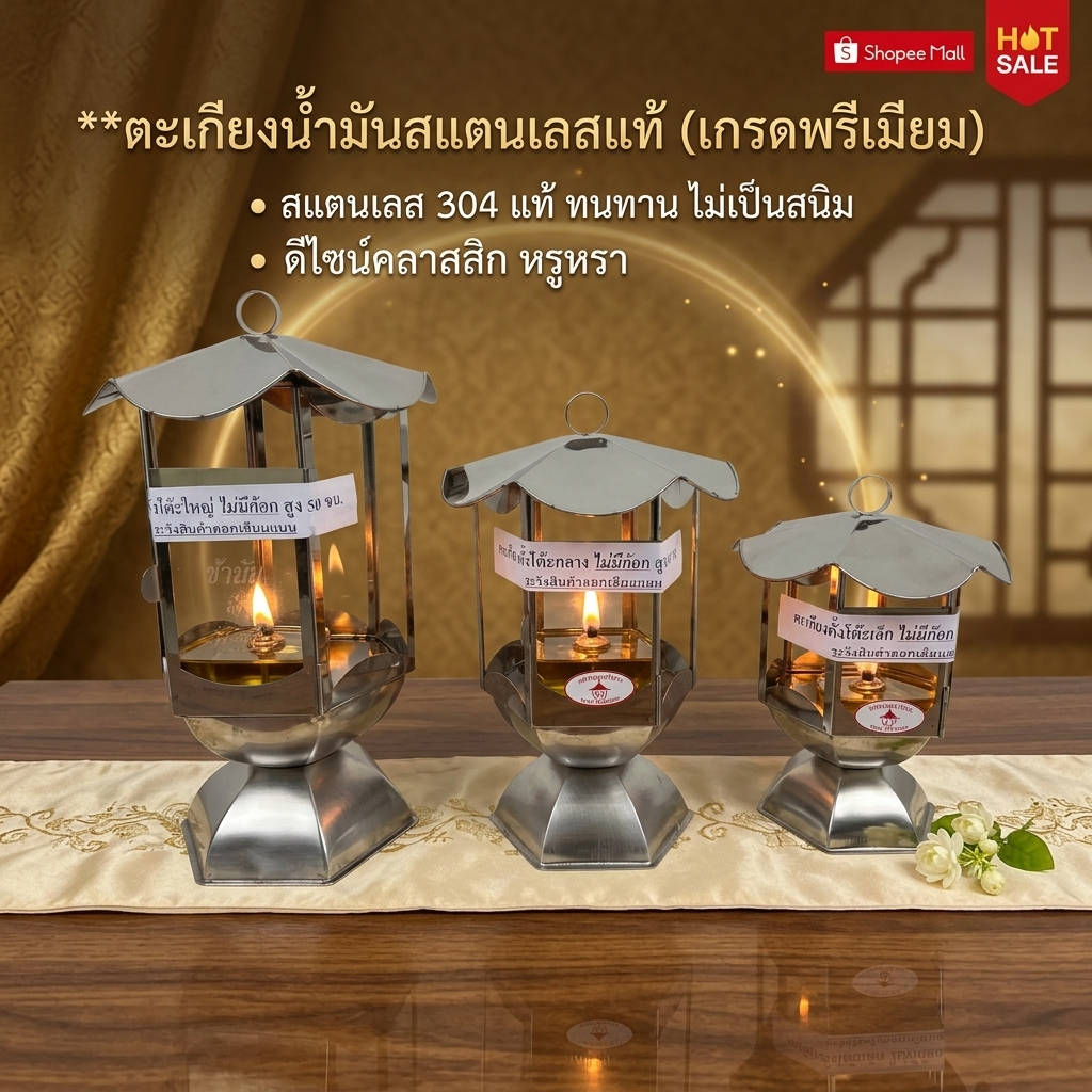 ตะเกียงน้ำมันสแตนเลสเงางาม (30-70 cm) ตะเกียงจุดไฟบูชาหน้าศาลพระภูมิ ศาลเจ้าที่ ตะเกียงตั้งในวัด ทนแดดทนฝน เติมน้ำมันได้