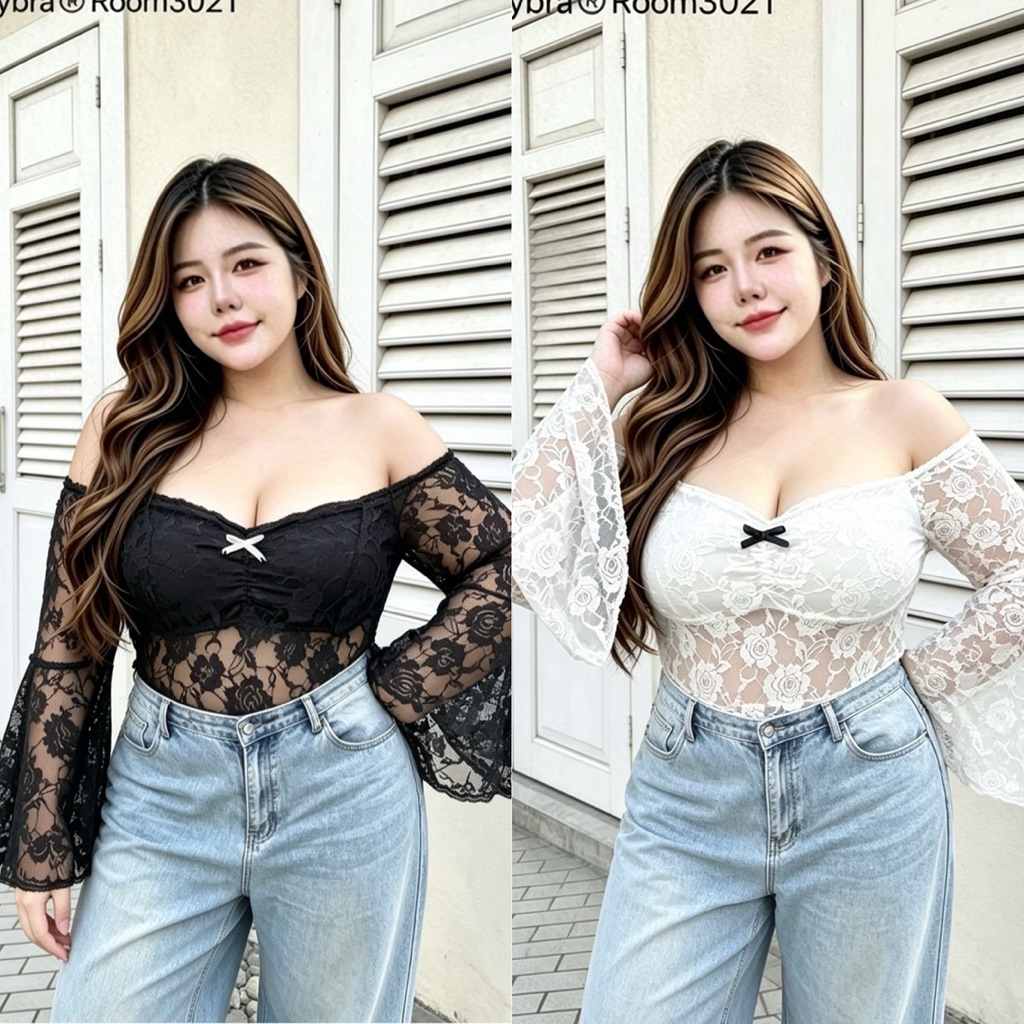 ✅ลายกุหลาบละมุน/TB/ เสื้อสาวอวบ ลูกไม้เปิดไหล่ แขนบาน สวย นางพญา #เสื้อผ้าไซส์ใหญ่ พลัสไซส์