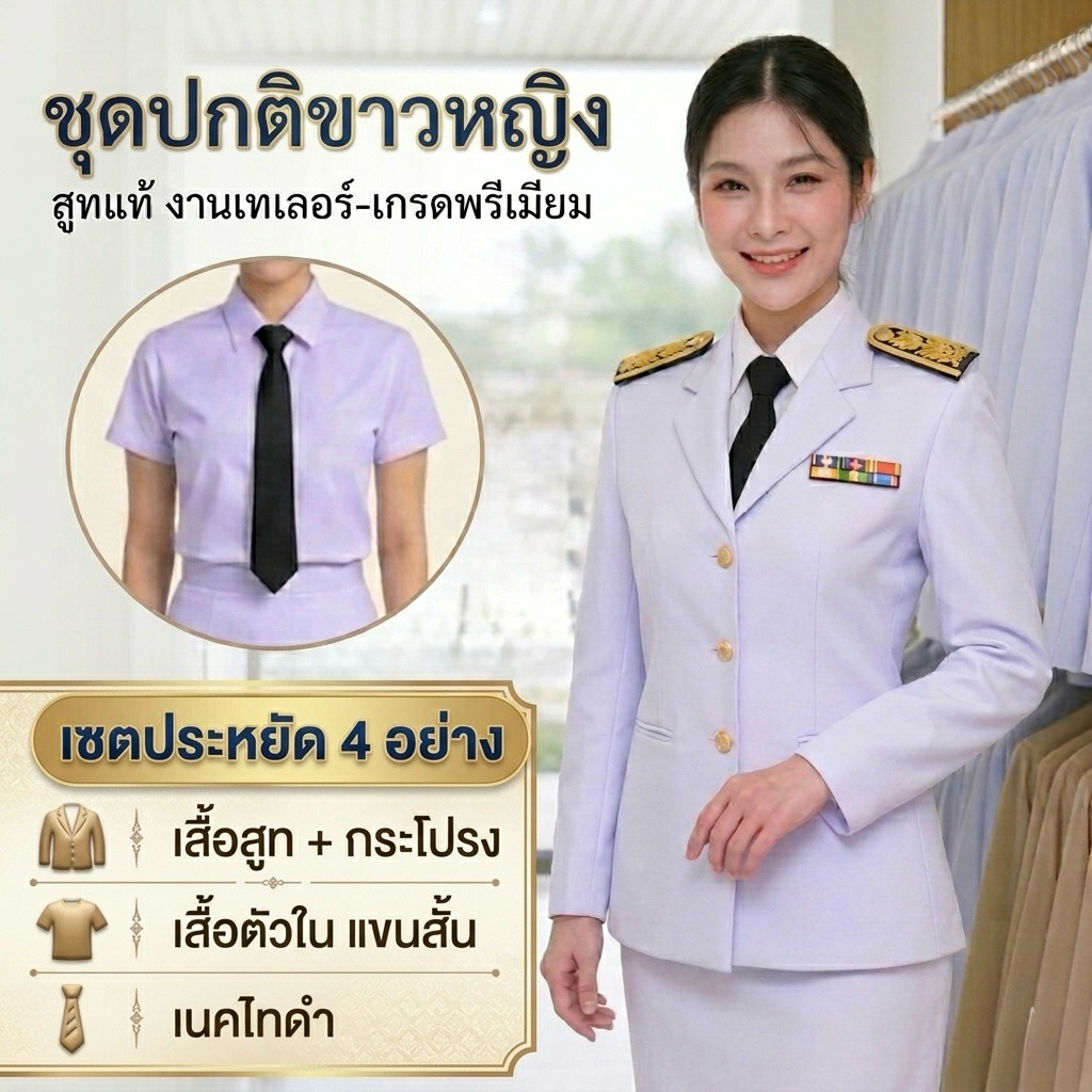 ชุดปกติขาว เกรดพรีเมียม(ทางร้านผลิตเอง)ผ้าวาเลนติโน่ สีขาวโอโม่ ทรงสูทแท้ อัดชั้น มีซับใน