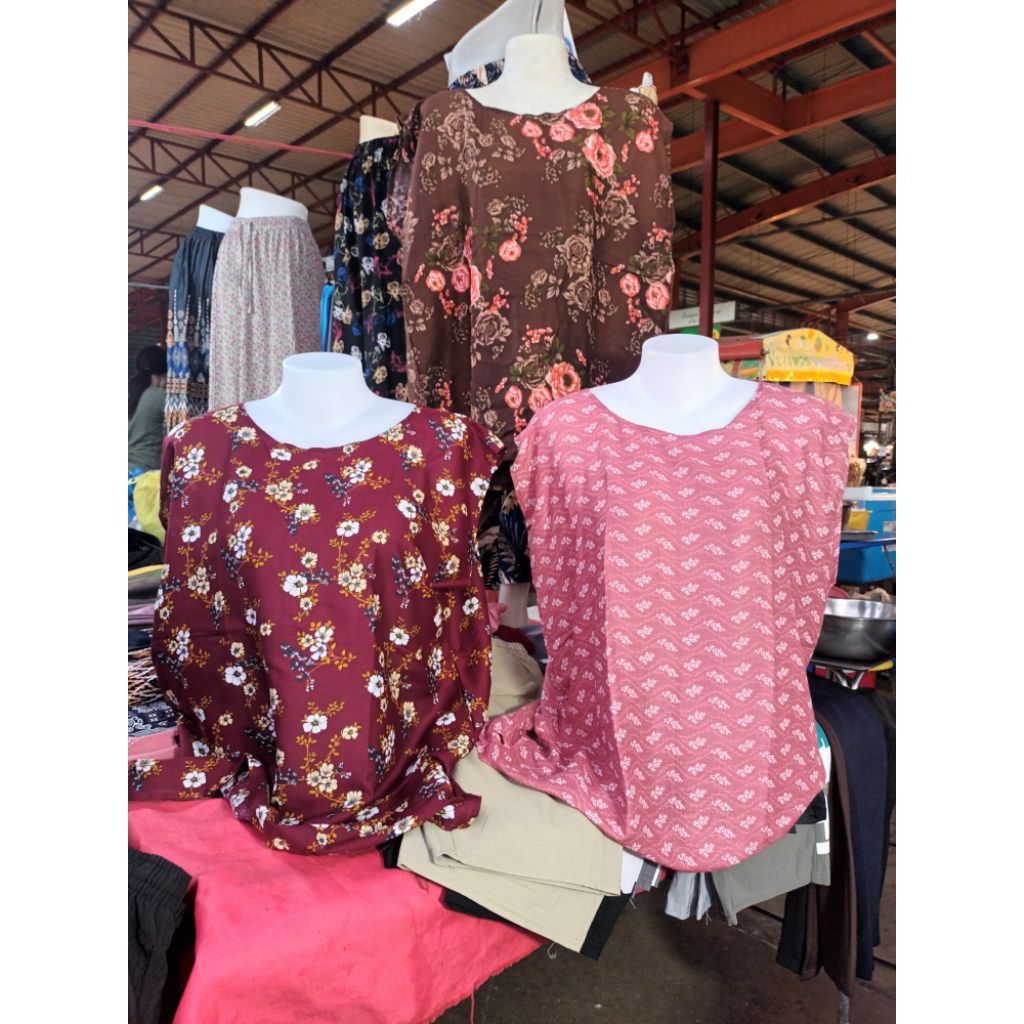เสื้อสปันแขนกุดมีลายดอกลายไทยผ้าใส่เย็นชักไม่หด ชักไม่ต้องรีดใส่สบาย