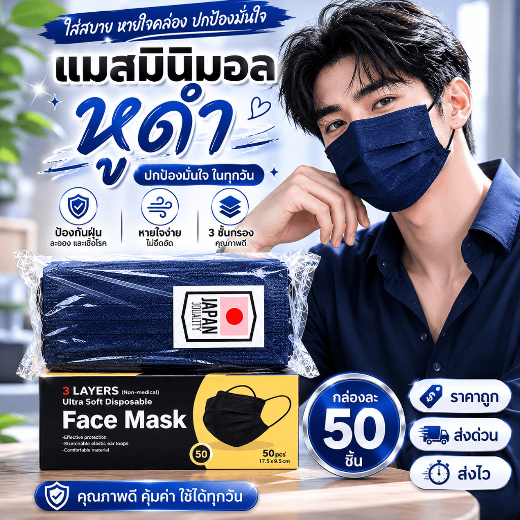 หน้ากากอนามัย มินิมอล หูดำ 3 ชั้น Face Mask กล่องละ 50 ชิ้น พร้อมส่ง (สีกรม)