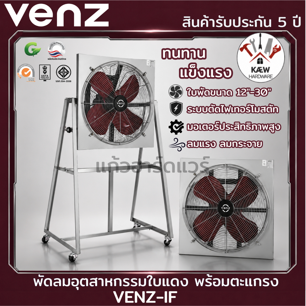 VENZ พัดลมอุตสาหกรรม ใบแดง พร้อมตะแกรง รุ่น VENZ-IF ขนาด 12" 16" 18" 20" 24" แบบแขวนผนังและมีขาตั้ง พร้อมส่ง