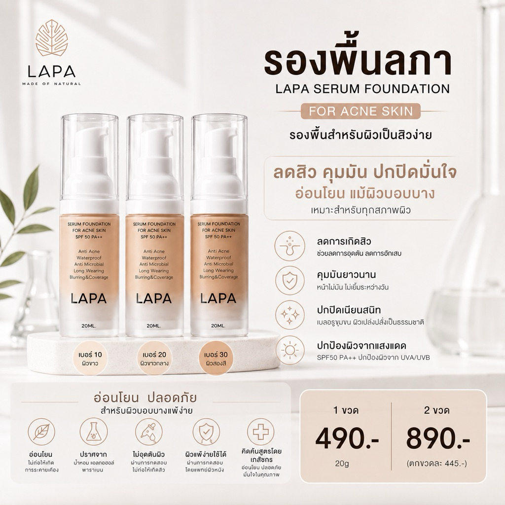 𝐋𝐀𝐏𝐀 𝐒𝐞𝐫𝐮𝐦 𝐅𝐨𝐮𝐧𝐝𝐚𝐭𝐢𝐨𝐧 𝐟𝐨𝐫 𝐀𝐜𝐧𝐞 𝐒𝐤𝐢𝐧 𝟐𝟎𝐠 รองพื้นลภา LAPA สูตรลดสิว SPF50 PA++ กันน้ำ กันเหงื่อ