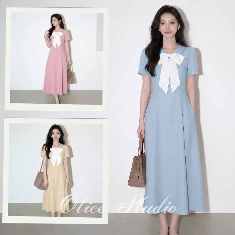 【S-5XL】 เดรสโบว์คอเกาหลี ทรงสวยสุภาพ ใส่ทำงานได้ ออกงานได้ Korean Midi Dress เดรสเกาหลีเรียบหรู