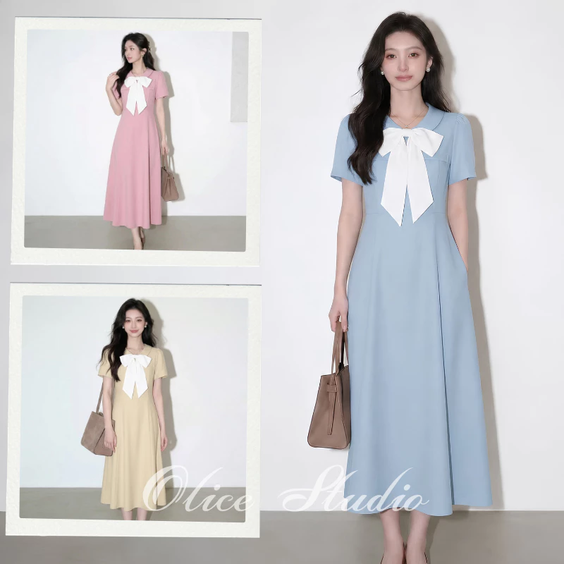 【S-5XL】 เดรสโบว์คอเกาหลี ทรงสวยสุภาพ ใส่ทำงานได้ ออกงานได้ Korean Midi Dress เดรสเกาหลีเรียบหรู