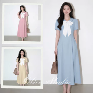 【S-5XL】 เดรสโบว์คอเกาหลี ทรงสวยสุภาพ ใส่ทำงานได้ ออกงานได้ Korean Midi Dress เดรสเกาหลีเรียบหรู