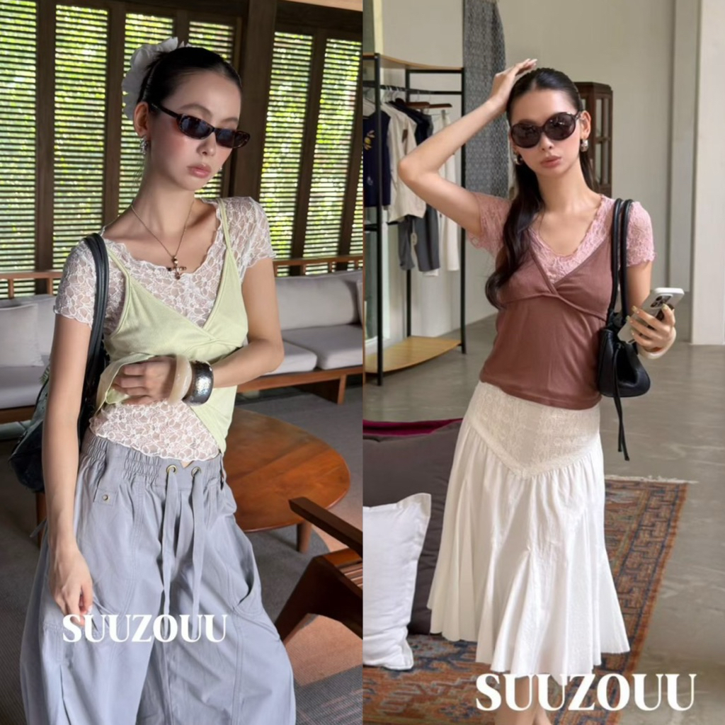 📍พร้อมส่ง📍#SU265 🇰🇷เซ็ท 2 ชิ้น เสื้อสายเดี่ยว มาพร้อมเสื้อแขนสั้นลูกไม้ ใส่คู่กันเป็นสองเลเยอร์ ตัดสีสวย Tag MMfish🇰🇷