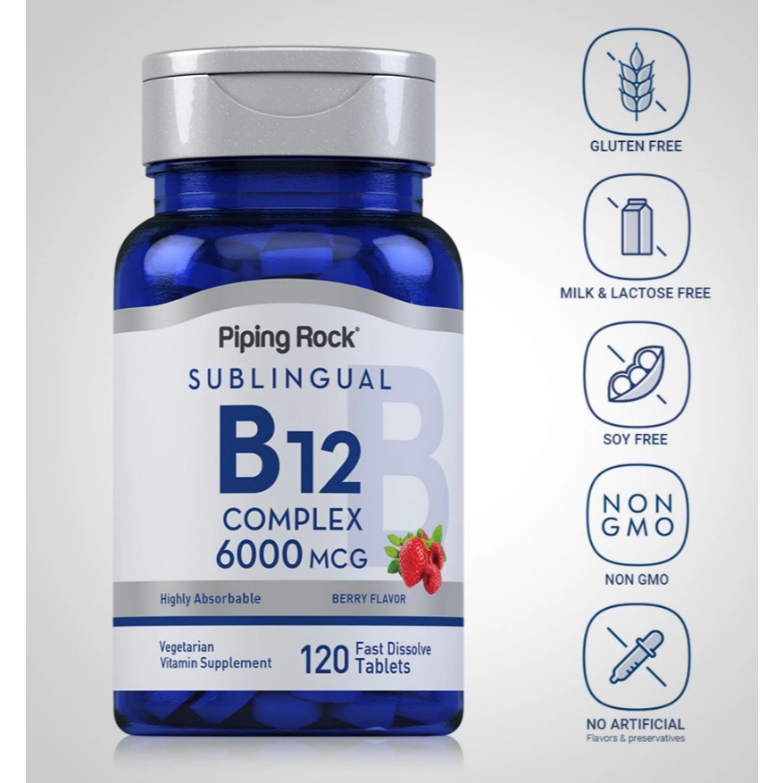 VITAMIN B12 COMPLEX SUBLINGUAL 6000 MCG 120 Fast Dissolve Tablets Berry Flavor Pipingrock