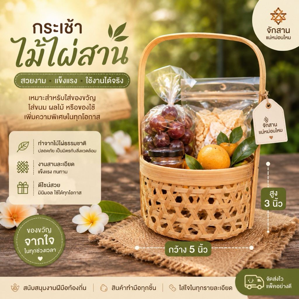 กระเช้าไม้ไผ่ กระเช้า5นิ้ว กระเช้าสูง 3 นิ้ว