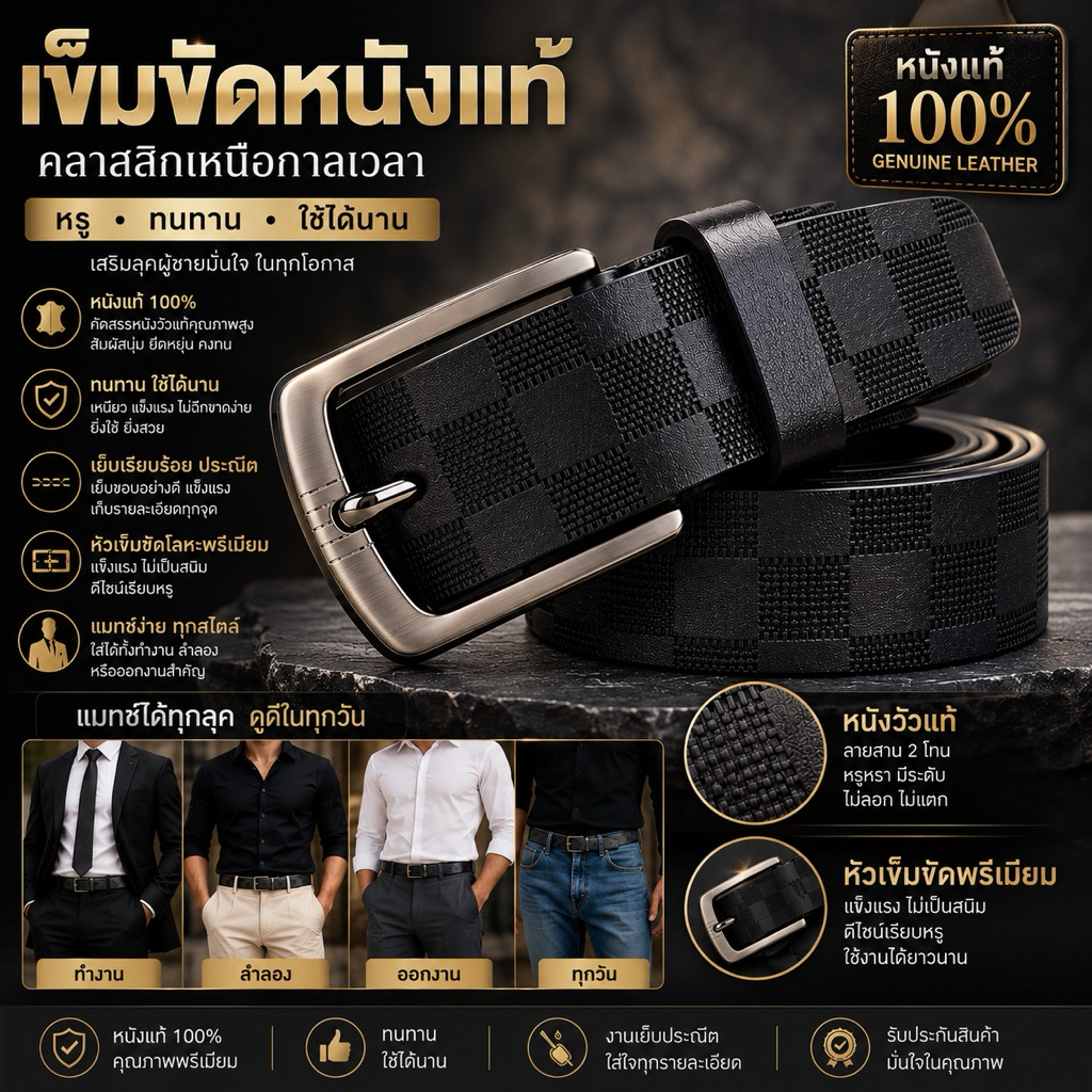 เข็มขัดผู้ชาย หนังแท้คุณภาพสูง สไตล์ธุรกิจ–ลำลอง ใส่ทำงานหรือเที่ยวก็เท่