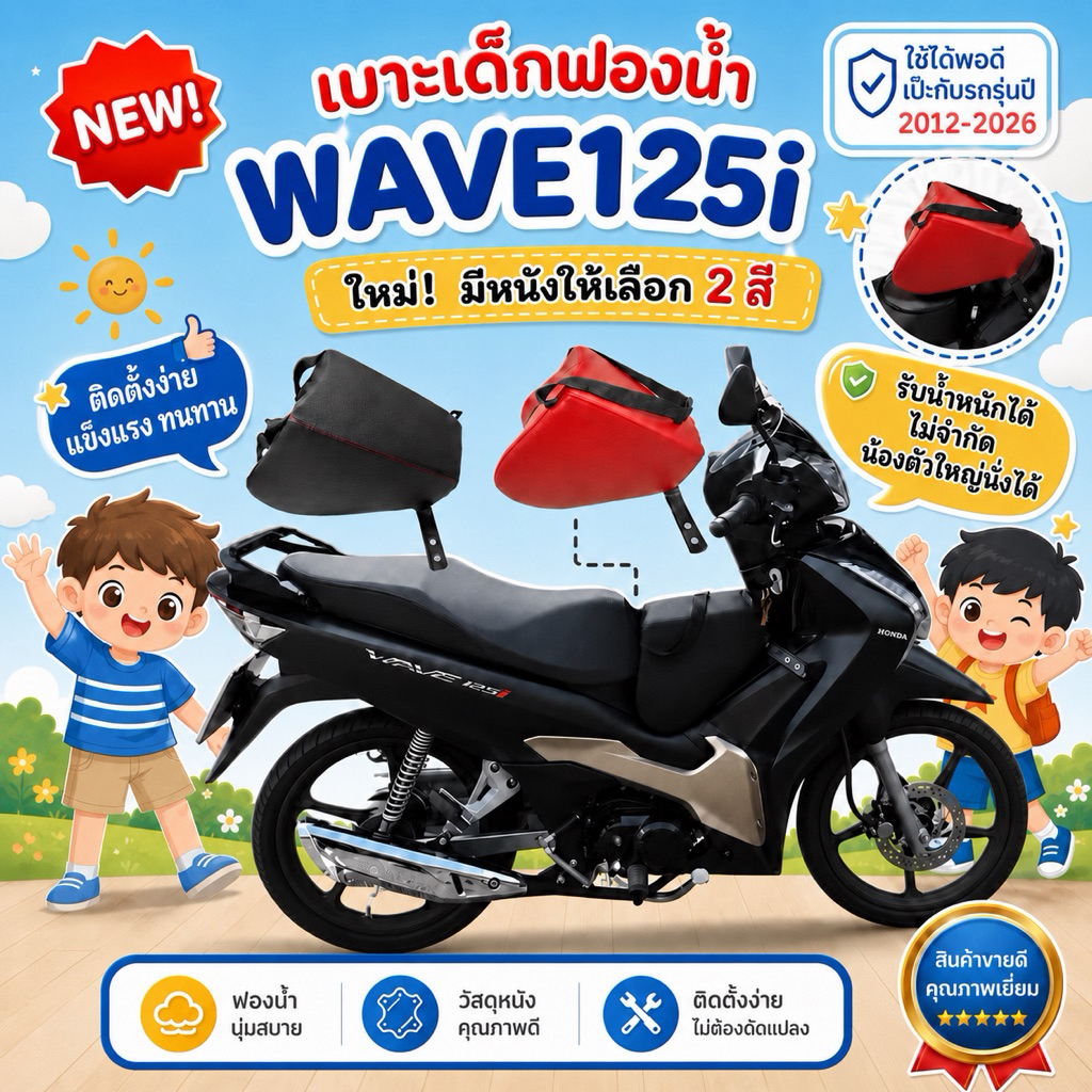 wave125i เบาะเด็กฟองน้ำเวฟ125i ตรงรุ่น ใช้ได้กับรถรุ่นปี2012-2026 ฟองน้ำแน่น ไม่ยวบ น้องตัวใหญ่นั่งได้ แข็งแรงทนทาน