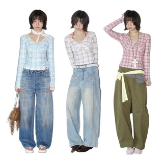 AMUSE BKK - Remy Top เสื้อซีทรูลายสก็อตทรงเข้ารูป ดีไซน์ม้วนอกวีหน้า ด้านหลังร้อยเชือกผูก สไตล์ชิคๆ