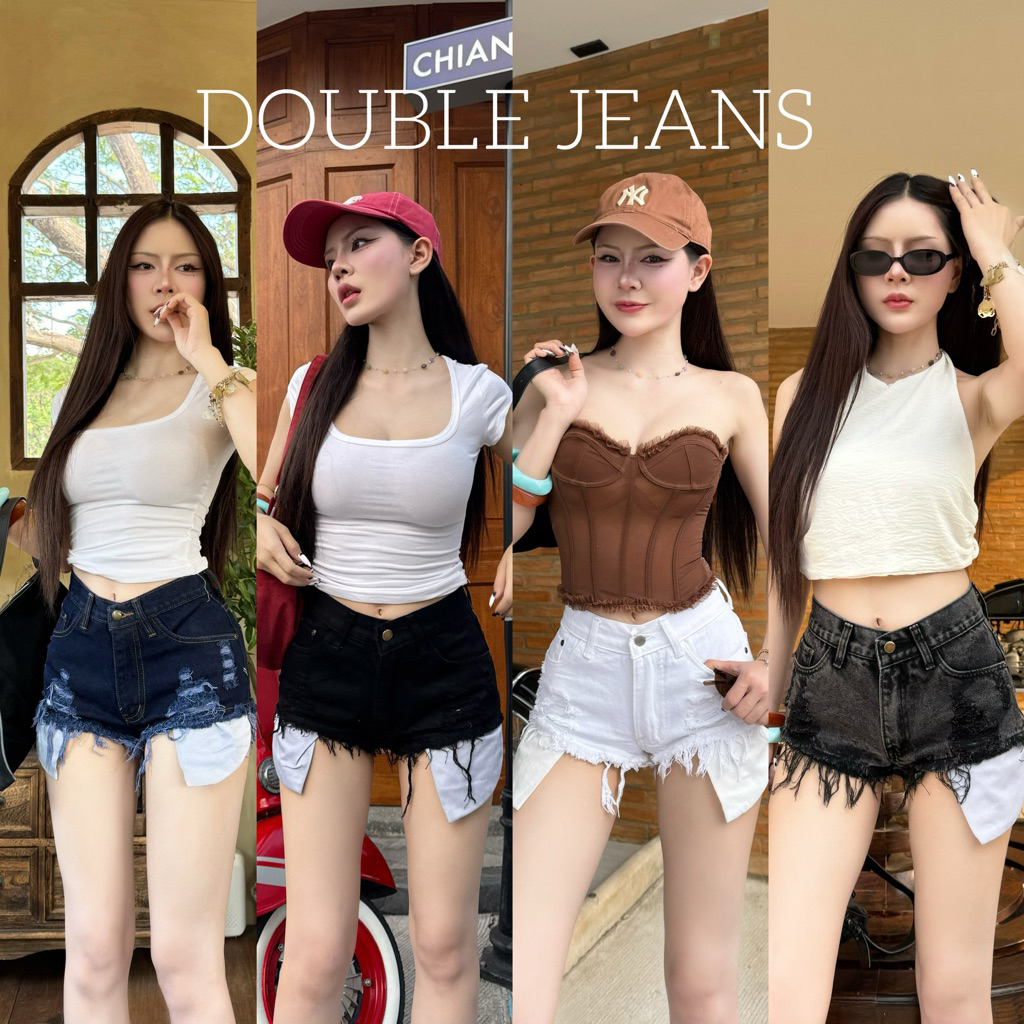[DOUBLE J.] กางเกงขาสั้นกระเป๋าแลป  [S-5XL] เเต่งขาดริ้ว ทรงสวยมาก เอวกลาง เอวต่ำใส่ได้