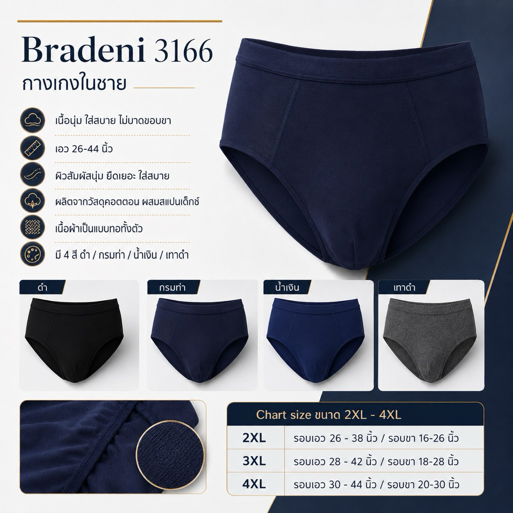 >> แพ็ค 10 ตัว คละสี <<  พร้อมส่ง กางเกงในชาย Bradeni 3166 รอบเอว 26-44 นิ้ว 🚀🚀