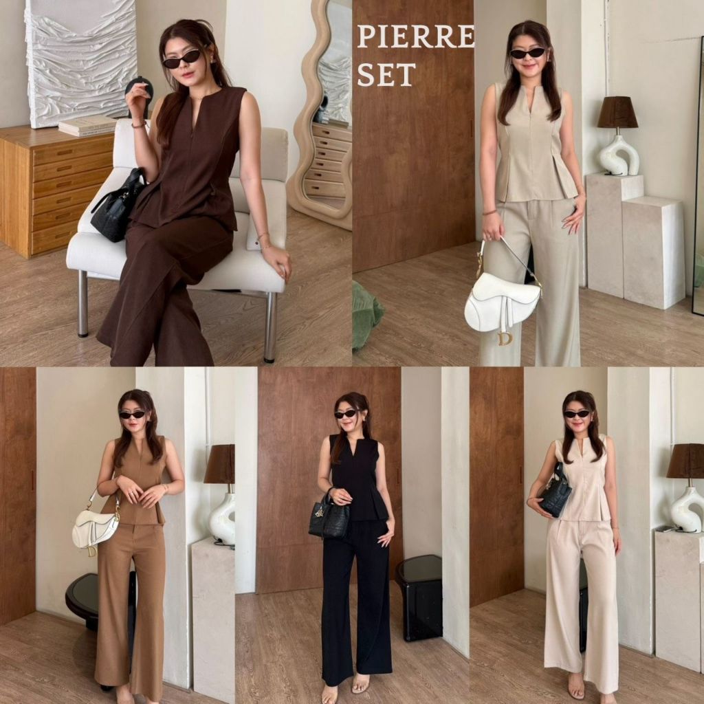 Pierre Set- ชุดเซ็ทขายาวสีพื้น 5 สี ชุดเซ็ทขายาวกางเกงทรงกระบอก เสื้อคอวีแขนกุดตัวยาว ทำงาน BETTY (B068)