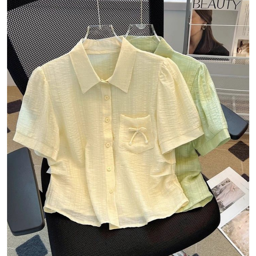 LINNA~Tสีทึบ เวอร์ชั่นเกาหลี แขนสั้น เสื้อเชิ้ต สไตล์ใหม่ วินเทจ ความเรียบง่าย