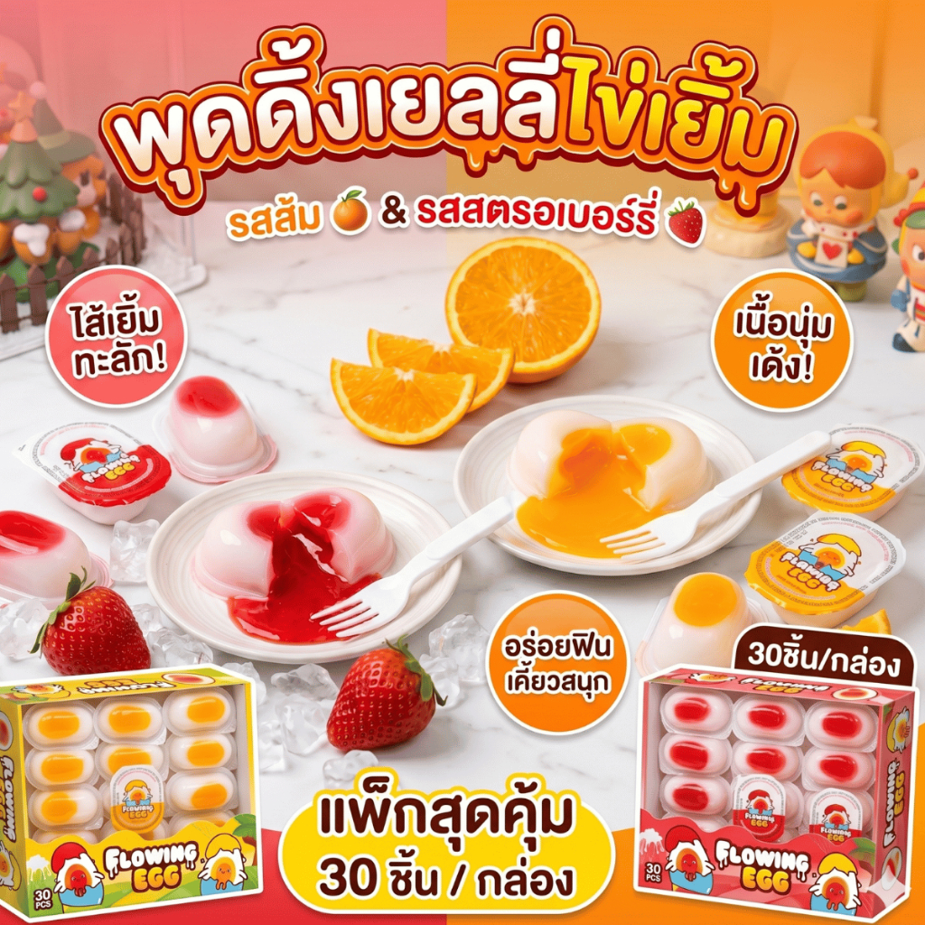 พุดดิ้งเยลลี่ไข่เยิ้ม ไข่ออนเซน Flowing Egg เยลลี่ไข่ดาว เนื้อนุ่มเด้ง ไส้ฉ่ำสะใจ ขนมเยลลี่รสส้มและสตรอเบอร์รี่