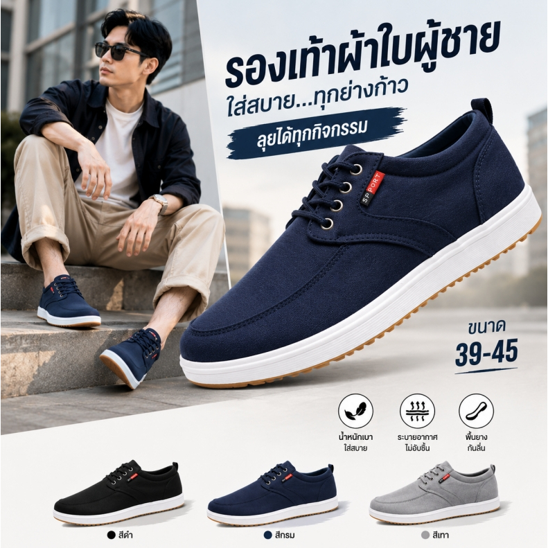 รองเท้าผ้าใบผู้ชาย รองเท้าลำลองแบบผูกเชือก ใส่สบาย กันลื่น Sneakers Men Shoes ไซส์ 39-45