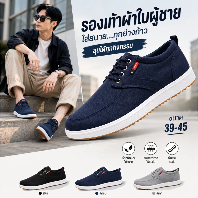 รองเท้าผ้าใบผู้ชาย รองเท้าลำลองแบบผูกเชือก ใส่สบาย กันลื่น Sneakers Men Shoes ไซส์ 39-45