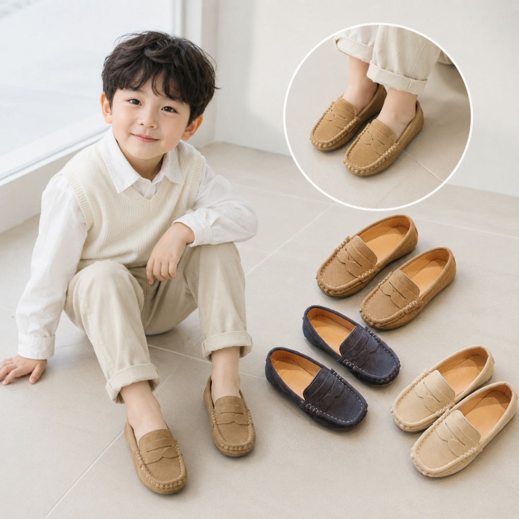 รองเท้าโลฟเฟอร์ หนังนิ่ม กันลื่น สีน้ําตาลอ่อน สไตล์วินเทจ แฟชั่นสําหรับเด็กผู้ชาย