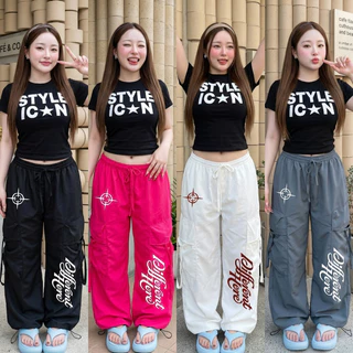 กางเกงคาร์โก้ ทรงกระบอกใหญ่ เอวยางยืด สาวอวบใส่ได้ สกรีนลายเท่ๆ มีเชือกรูดปลายขา มีไซส์ให้เลือก รุ่น คาเฟอีน DIFF