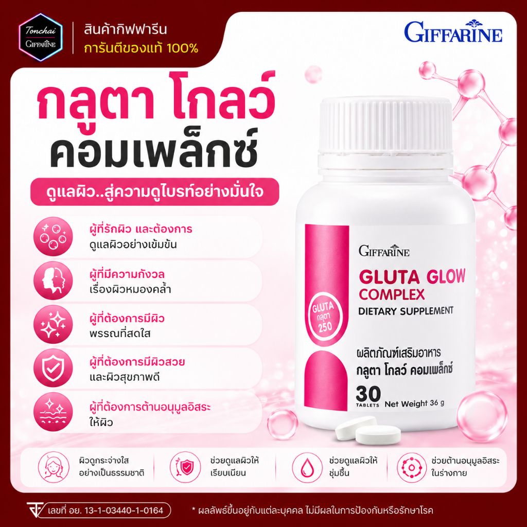 กลูต้า กลูตา โกลว์ คอมเพล็กซ์ กิฟฟารีน Gluta Glow ขนาด 250 มก.ให้ผิวสวยด้วย สูตรลับของคนผิวสวย